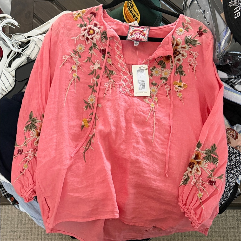 Johnny Was Coral Embroidered Floral V-Neck Tunic - Picture 5 of 6